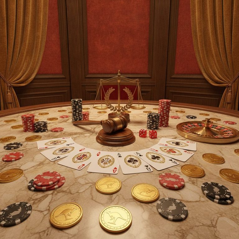 Casino table with playing cards, poker chips, and gold coins on marble surface - online casino comparison topic