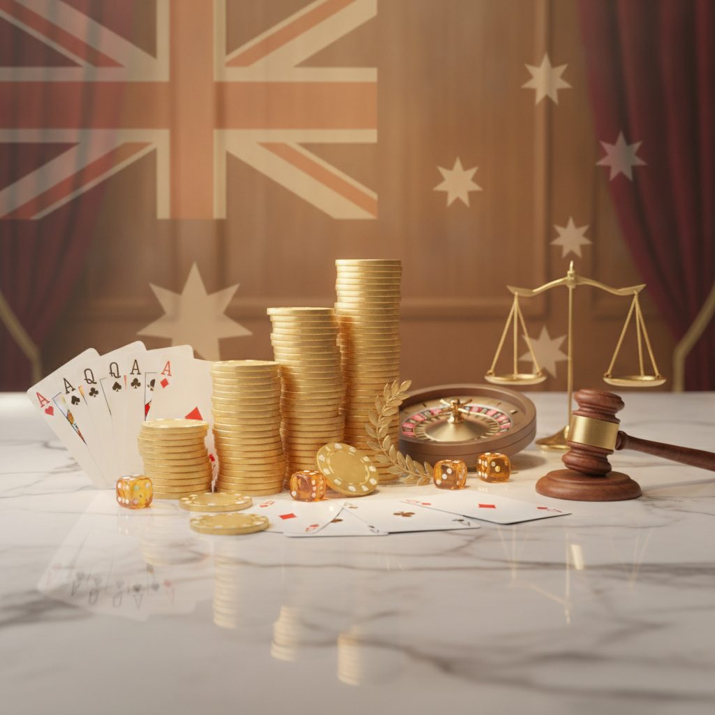 Casino gambling items including poker chips, playing cards and dice arranged on marble surface, depicting casino bonus offers