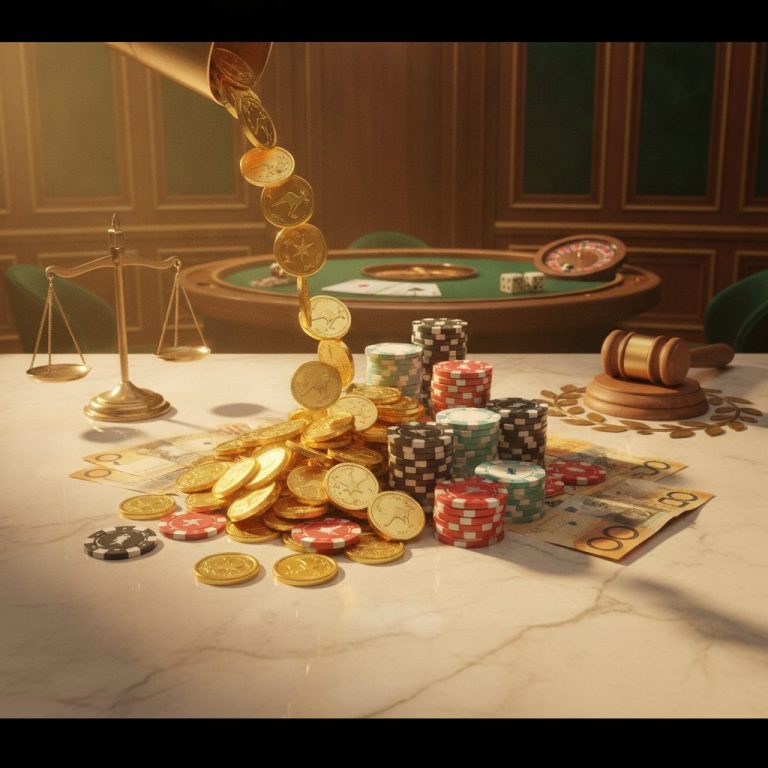 Gold coins and gaming chips on marble surface with warm lighting, depicting bonus concepts for Australian players