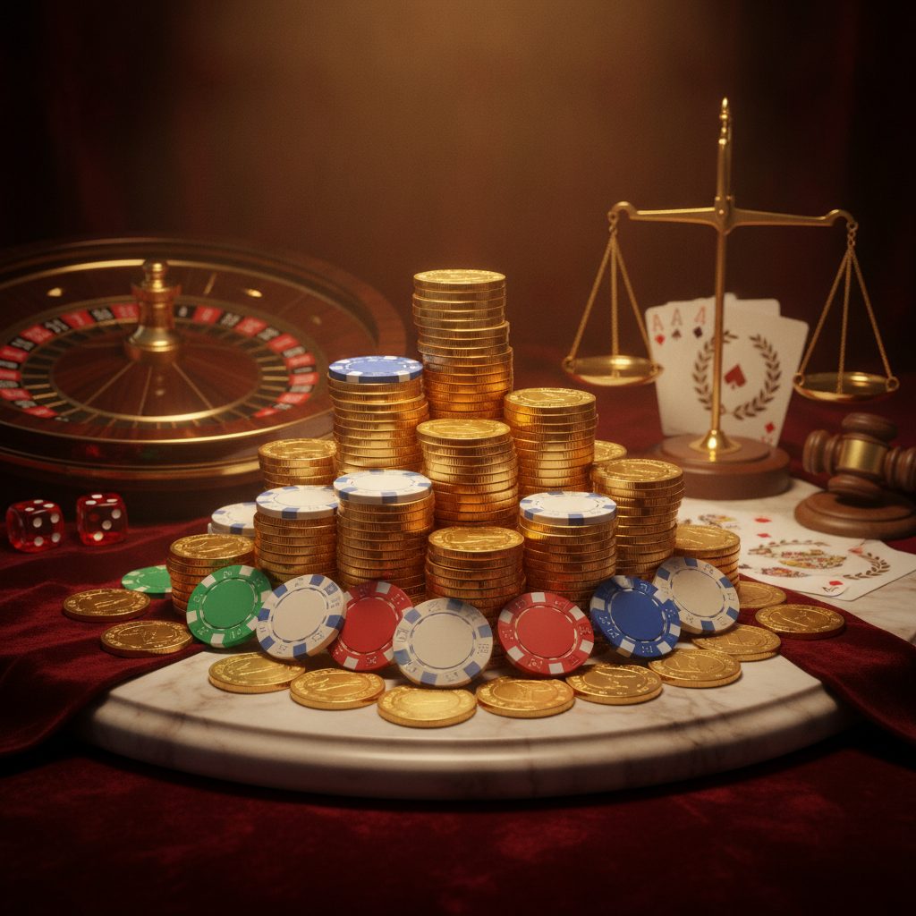 Gold coins and casino chips arranged on velvet surface, illustrating cashback casino bonus concept