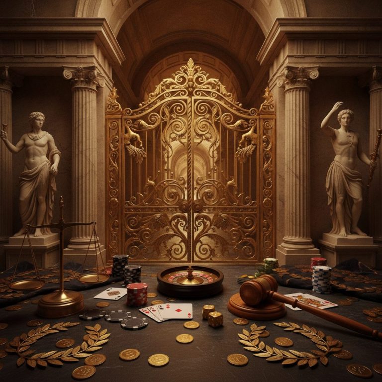 Ornate golden gates with classical architectural elements and scattered coins, representing the Gates of Olympus pokie game theme