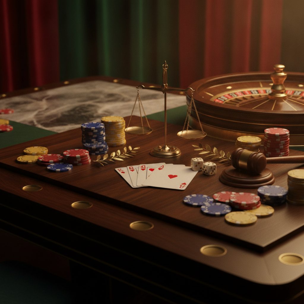 Casino chips, playing cards, and dice arranged on a wooden surface, representing online casino selection and gambling games
