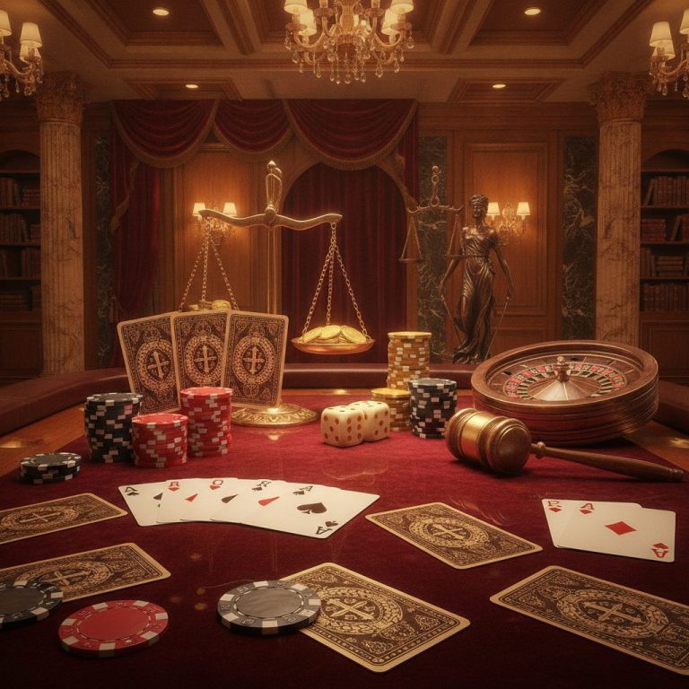 Classic casino table with poker chips and playing cards on mahogany surface, illustrating casino gaming environment