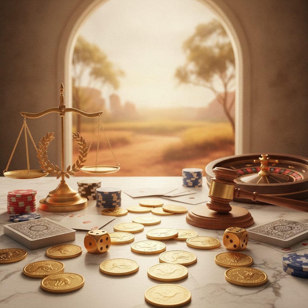 Gold coins, dice, and playing cards on marble surface representing low wagering casino options in Australia