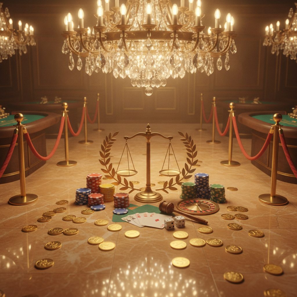 Casino gaming elements including gold coins, chips, and marble surfaces with elegant lighting