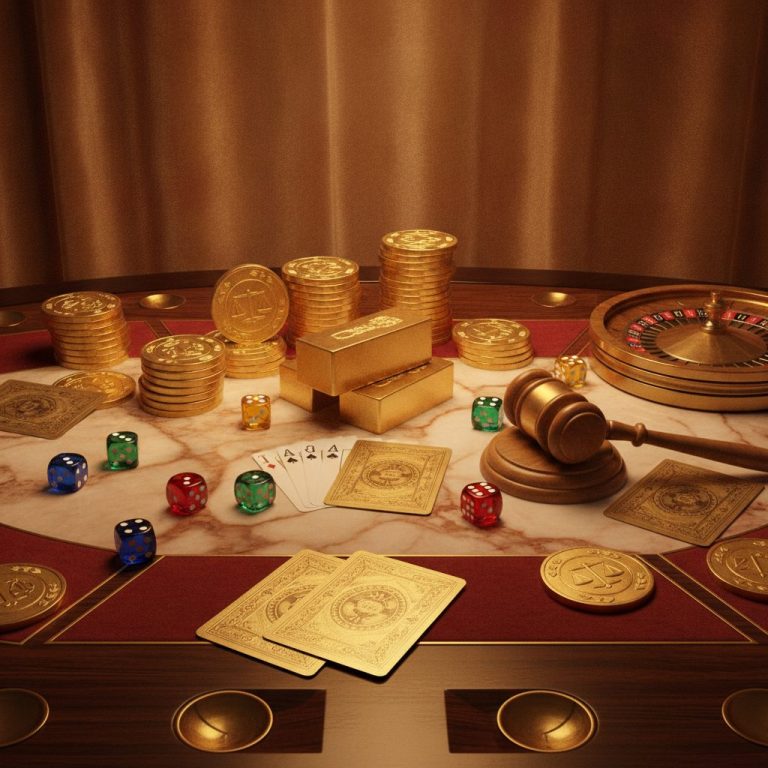 Scattered gold poker chips and dice on wooden surface, representing online pokie games