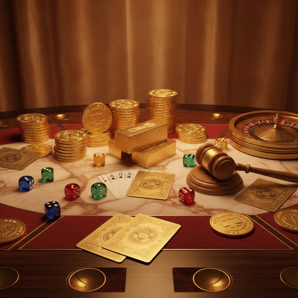 Scattered gold poker chips and dice on wooden surface, representing online pokie games
