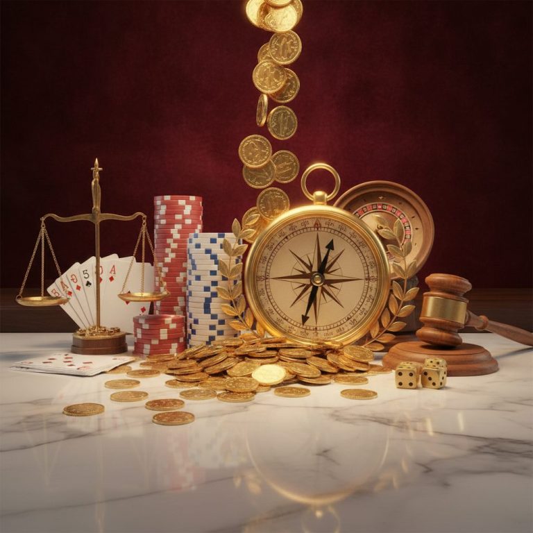 Scattered gold coins and casino chips on marble surface with compass, depicting Australian casino bonus concepts