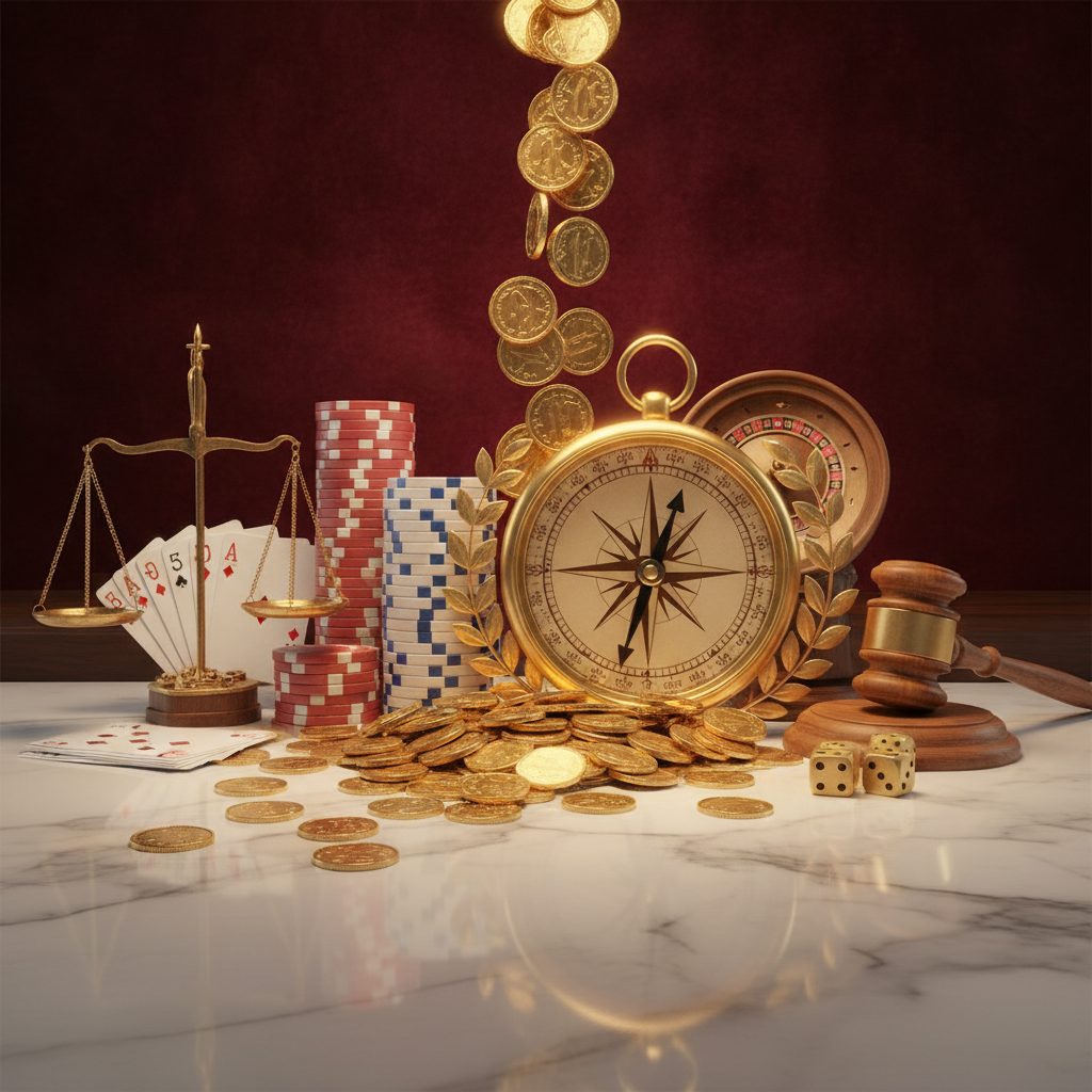 Scattered gold coins and casino chips on marble surface with compass, depicting Australian casino bonus concepts