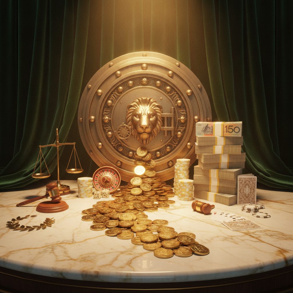 Australian casino withdrawal concept: gold coins and currency on marble with vault, representing instant payment processing