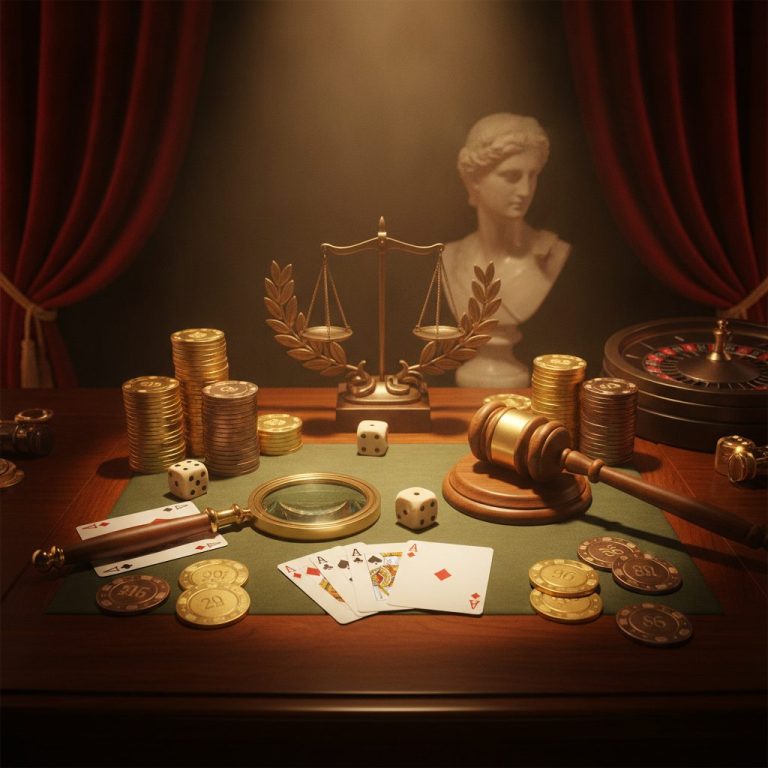 Wooden desk with casino chips, cards, magnifying glass and gavel representing evaluation of casino reviews